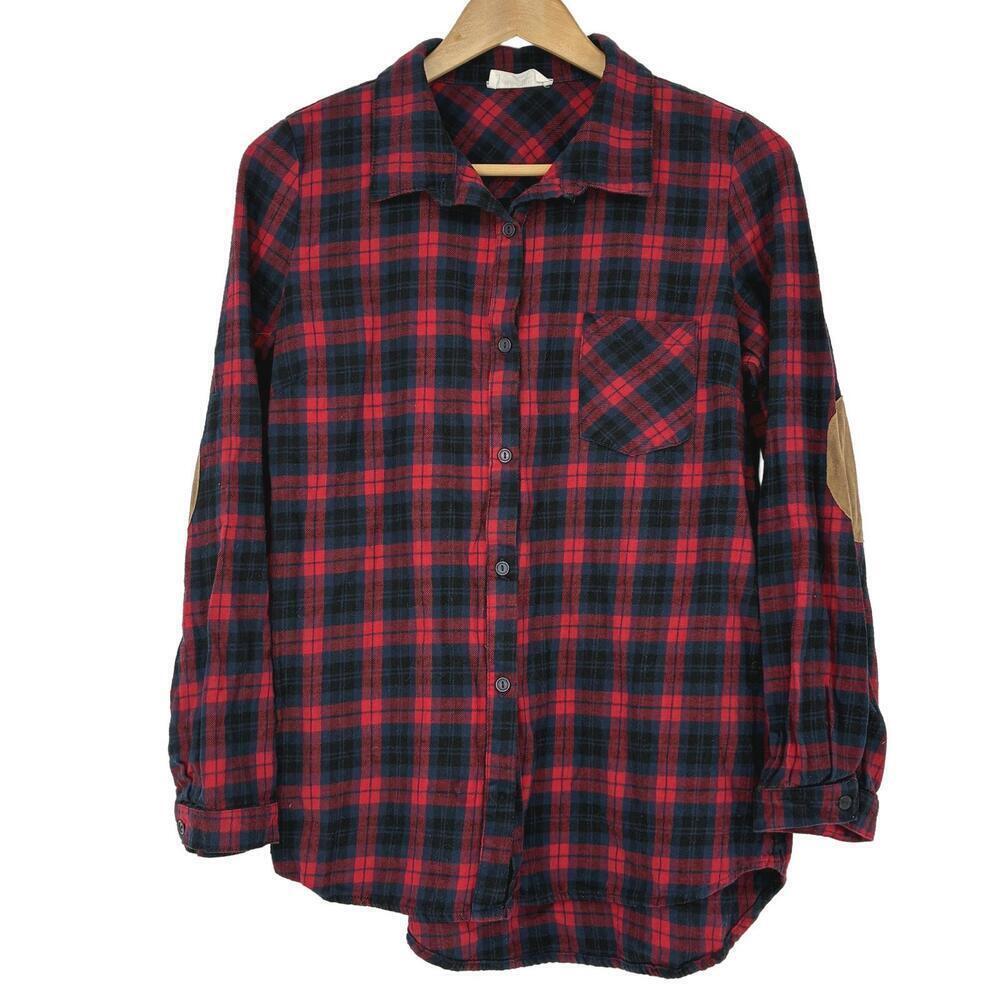 Peach Love California Red Blue Plaid Button-Up Shirt Elbow Patches Cabincore, LG